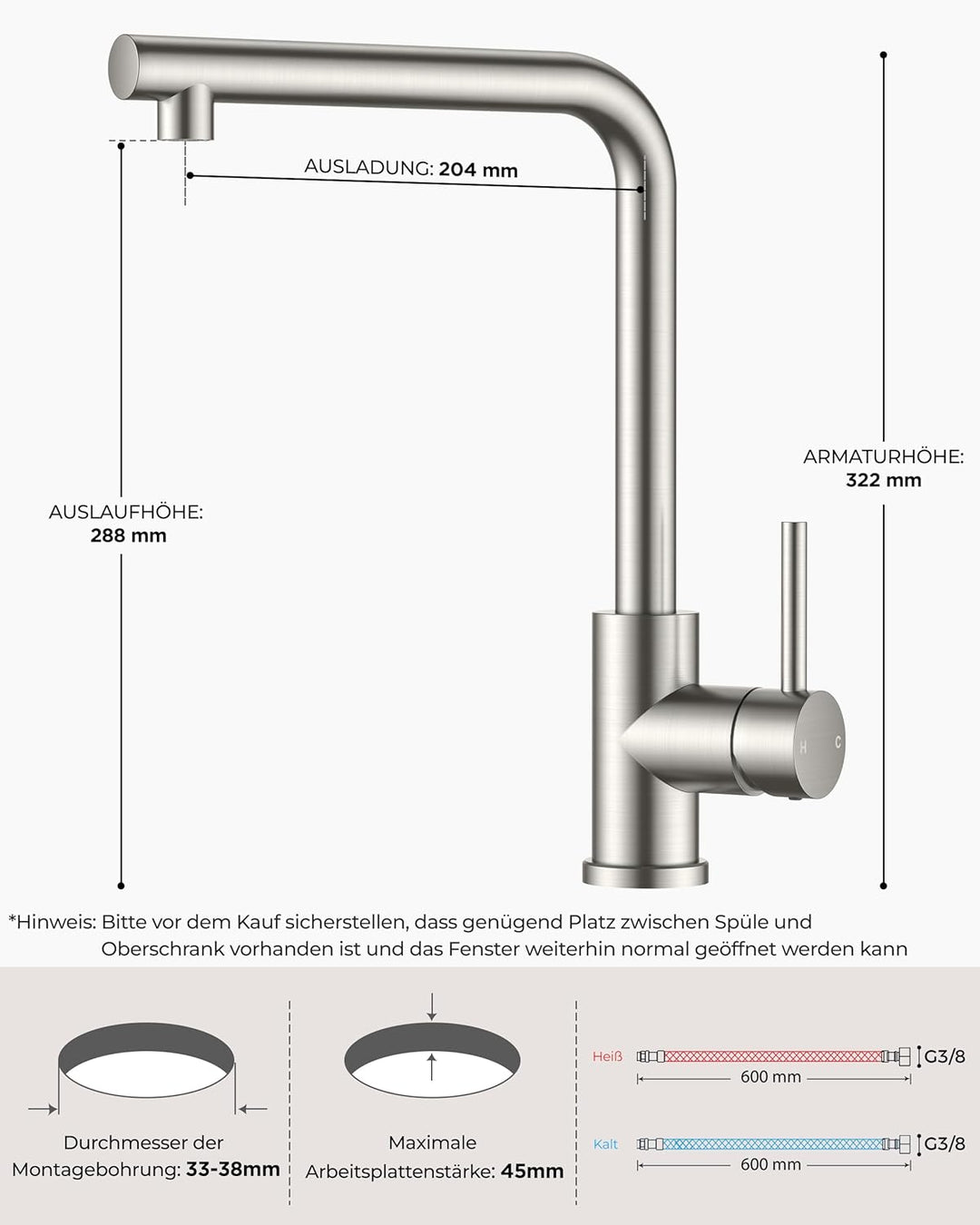 FORIOUS Wasserhahn Küche, Küchenarmatur mit erhöhtem Auslauf, L-Förmige Edelstahl Spülenarmatur, Ein