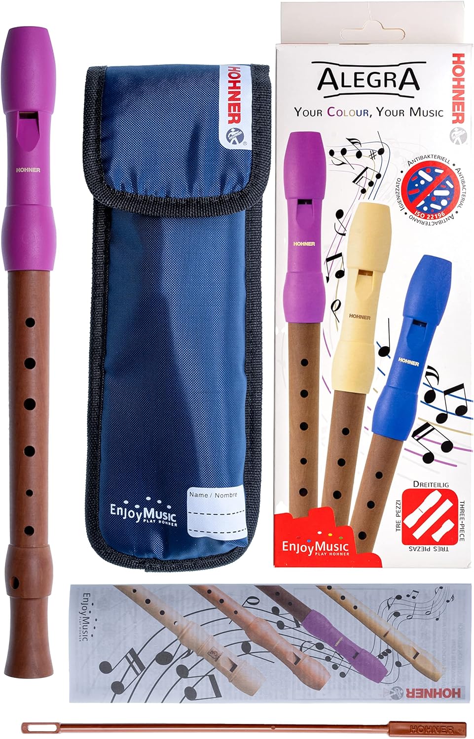HOHNER Blockflöte, Alegra Line, pink, deutsch, dreiteilig