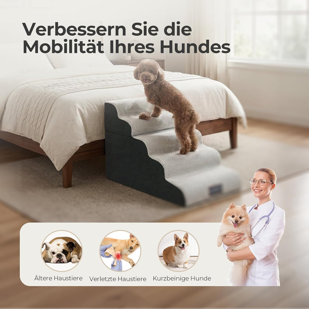 Sytopia 5-Stufen Hundetreppe 58 cm, rutschhemmend &amp; abwaschbar, mit Griff, 30D Schaumstoff für Bett/