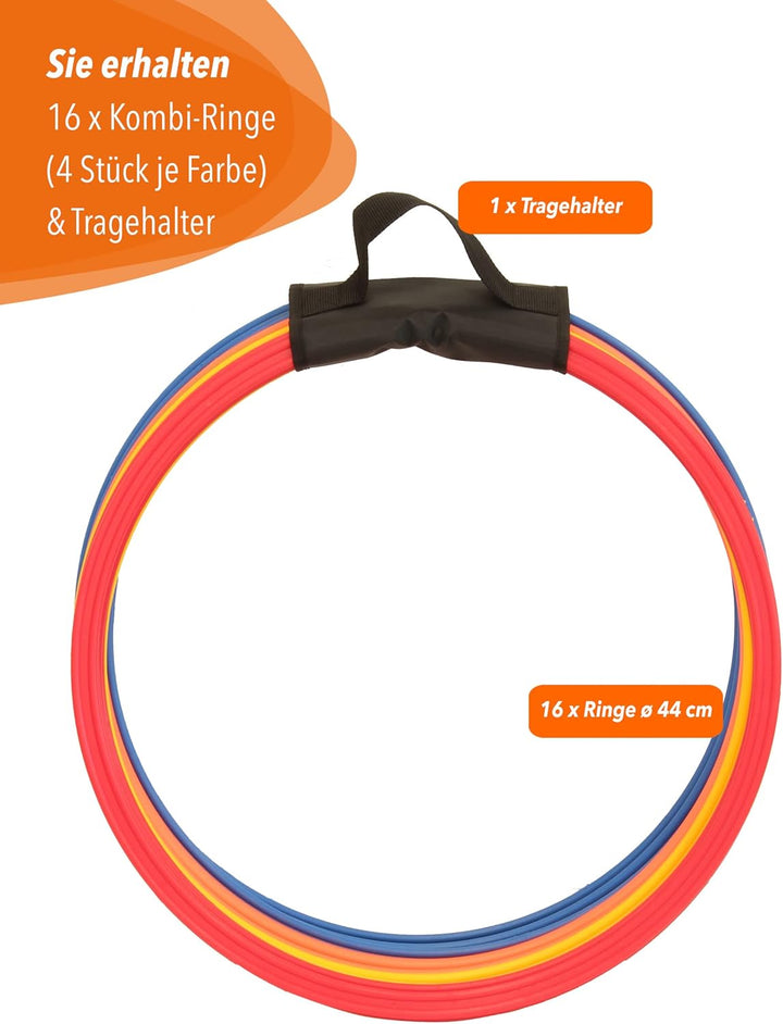 Koordinationsringe 16er-Set Bunt – ø 50cm, flexibel & sicher – Trainingsringe mit Tragehalter für Ag