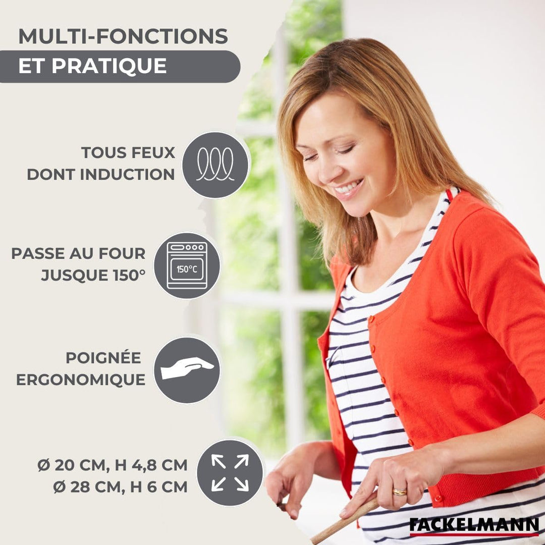 Fackelmann 9445750 Set mit 2 Pfannen 20 und 28 cm aus Edelstahl 18/8, 2 Glasdeckel und 6 Edelstahlut