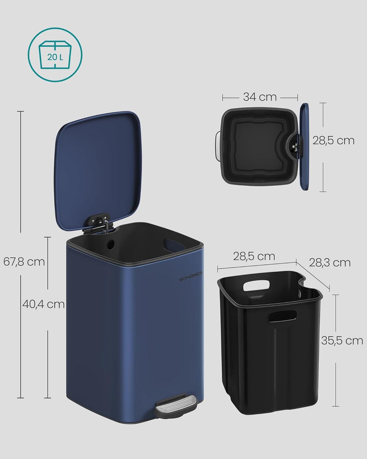 SONGMICS Mülleimer Küche, 20 Liter Abfalleimer, Tretmülleimer, Stahl, mit Inneneimer, Softclose, Off