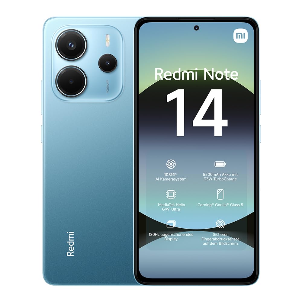 Xiaomi Redmi Note 14 Smartphone, 8 + 256GB, Blue, 108MP AI-Kamerasystem, 5500mAh Akku, 120Hz Augensc