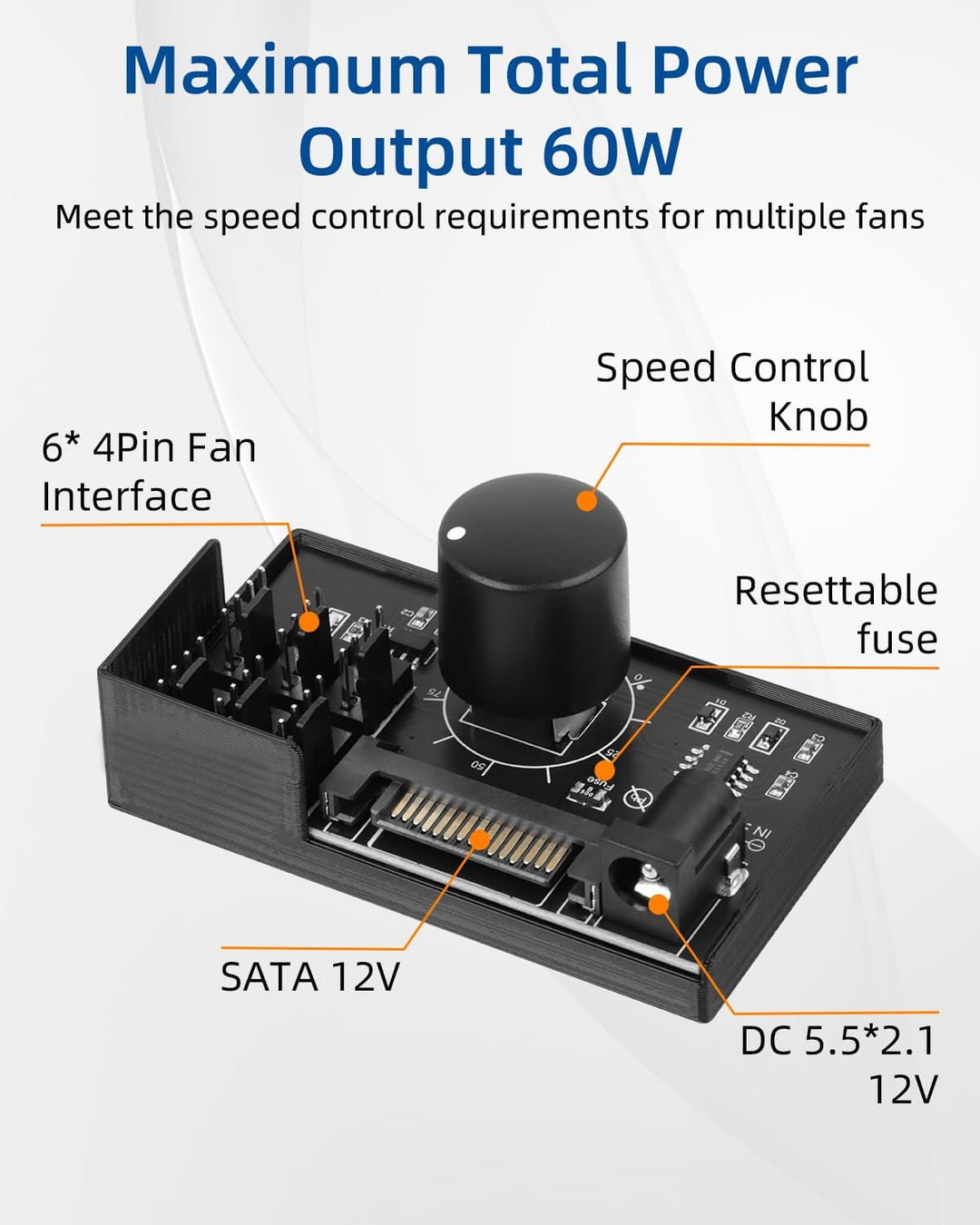 12V 4Pin PWM PC Lüfterregler für 6 PC Lüfter, 1 Eingang 6 Ausgänge PWM Lüfter Hub mit SATA/DC 5521 S