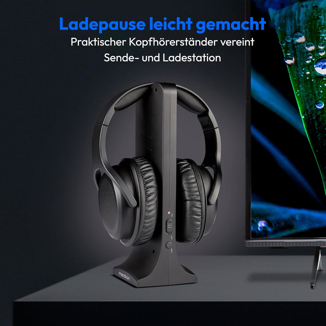 MEDION Funkkopfhörer HS-1 (kabellos, für TV, bis zu 15m Reichweite, mit Ladestation, Over Ear, USB C