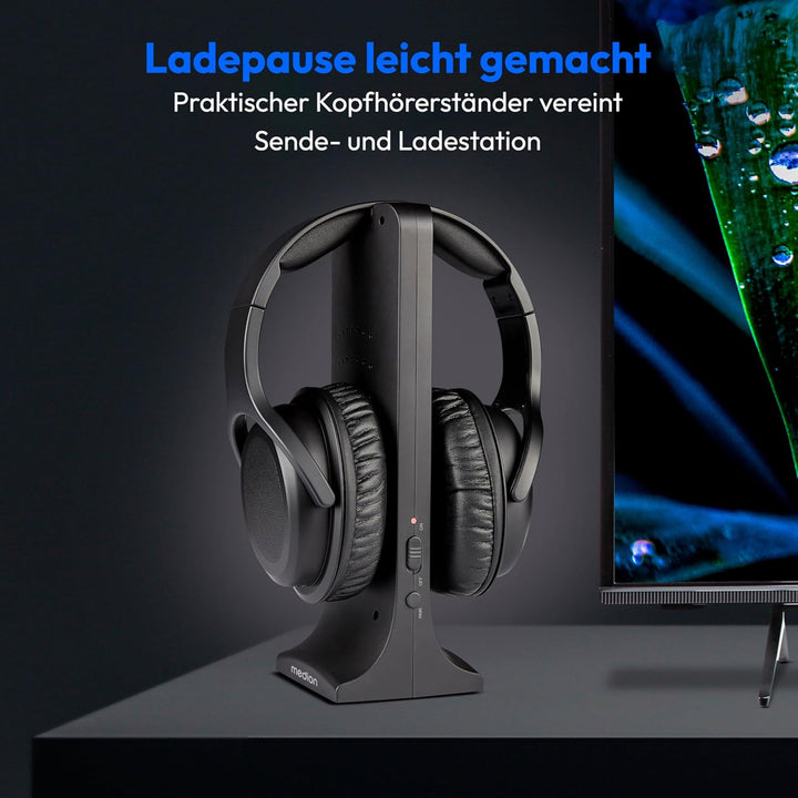 MEDION Funkkopfhörer HS-1 (kabellos, für TV, bis zu 15m Reichweite, mit Ladestation, Over Ear, USB C