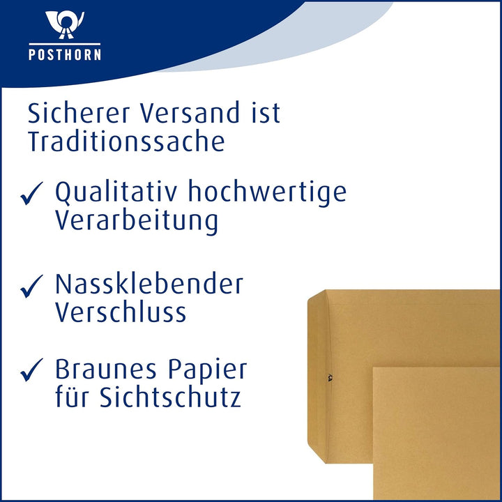 POSTHORN Versandtasche C4 (250 Stück), nassklebende Versandtaschen ohne Fenster, braune Versandtasch