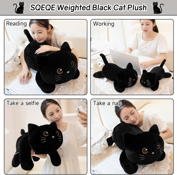 SQEQE Gewichtetes Katze Kuscheltier, Schwarze Katze Plüschtier Kuscheltierkissen mit Gewicht, Niedli