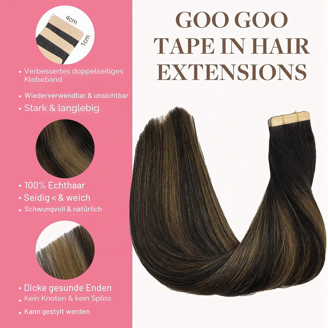 GOO GOO Tape in Extensions Echthaar, Tape Extensions Echthaar, 40cm 50g 20pcs, Extensions Echthaar,