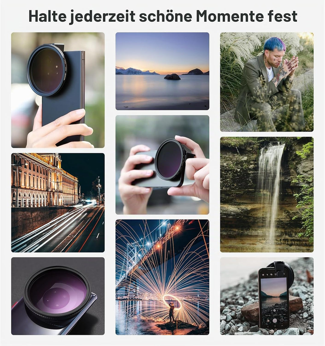 Neewer 67 mm Variables ND2-ND32 Handy-Objektivfilter-Set, Handy-Clip mit Gewindeadapterring/Kaltschu