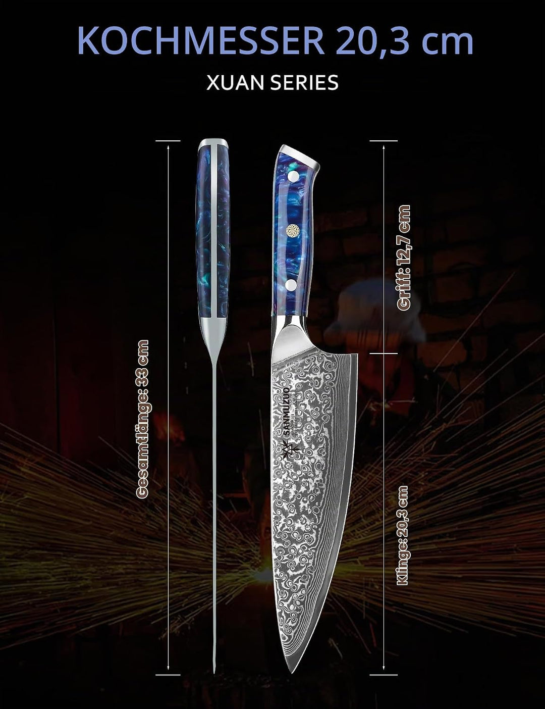 Kochmesser - 20cm - Xuan Serie - VG10 Damaskus Stahl Küchenmesser - Harzgriff(Saphirblau), Saphirbla