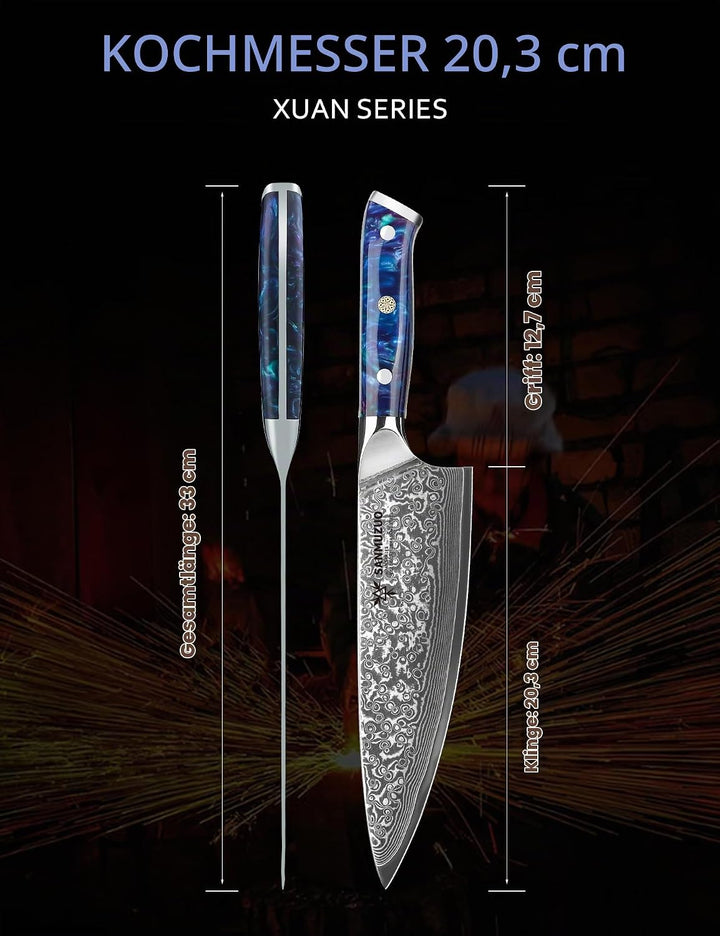 Kochmesser - 20cm - Xuan Serie - VG10 Damaskus Stahl Küchenmesser - Harzgriff(Saphirblau), Saphirbla
