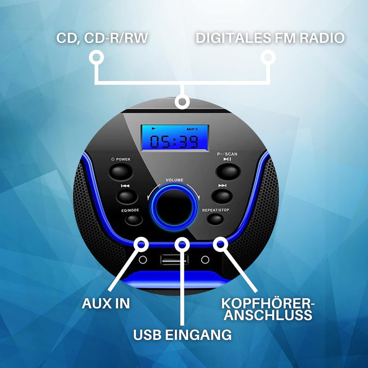 Tragbarer CD-Player | Boombox | CD/CD-R | USB | FM Radio | AUX-In | Kopfhöreranschluss | CD Player |