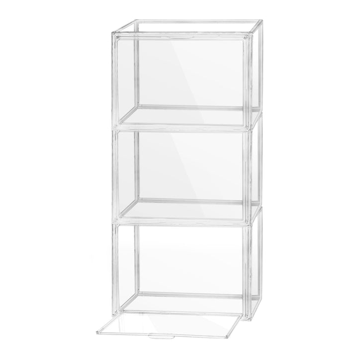 QWORK® 3 Stück Schuhboxen Stapelbar, Transparente Kunststoffboxen mit Magnetverschluss, Schaukasten,