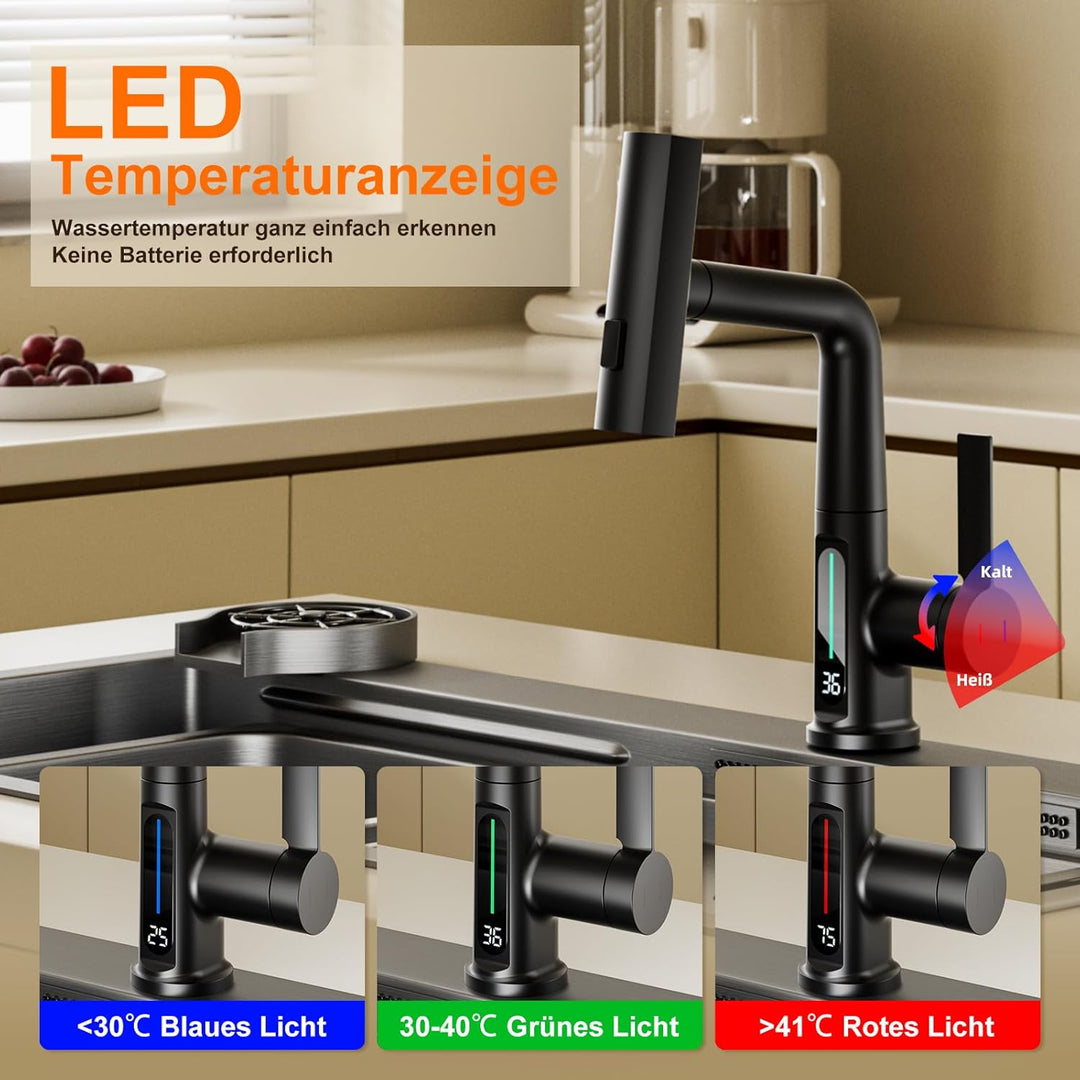 Wasserhahn Küche mit Brause Ausziehbar, 3 Modus Küchenarmatur mit LED Temperaturanzeige, Einhebel Mi