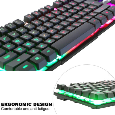 BAKTH Gaming Tastatur und Maus Set, LED Hintergrundbeleuchtung QWERTZ DE Layout, Regenbogen Farben B