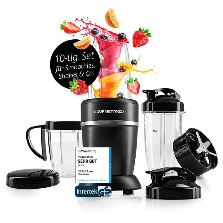GOURMETmaxx Nutrition Mixer 1000 Watt | Smoothie Maker mit to go Deckel | Standmixer mit Mixbecher &