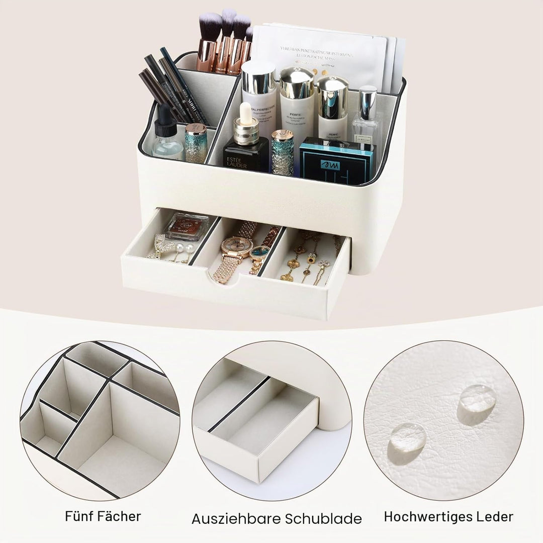 KINGFOM Make-up-Organizer mit Schublade, kompakte Beauty-Aufbewahrung für Schminktisch, PU-Leder Hau