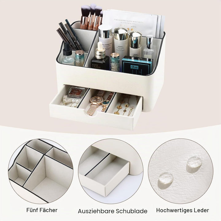 KINGFOM Make-up-Organizer mit Schublade, kompakte Beauty-Aufbewahrung für Schminktisch, PU-Leder Hau
