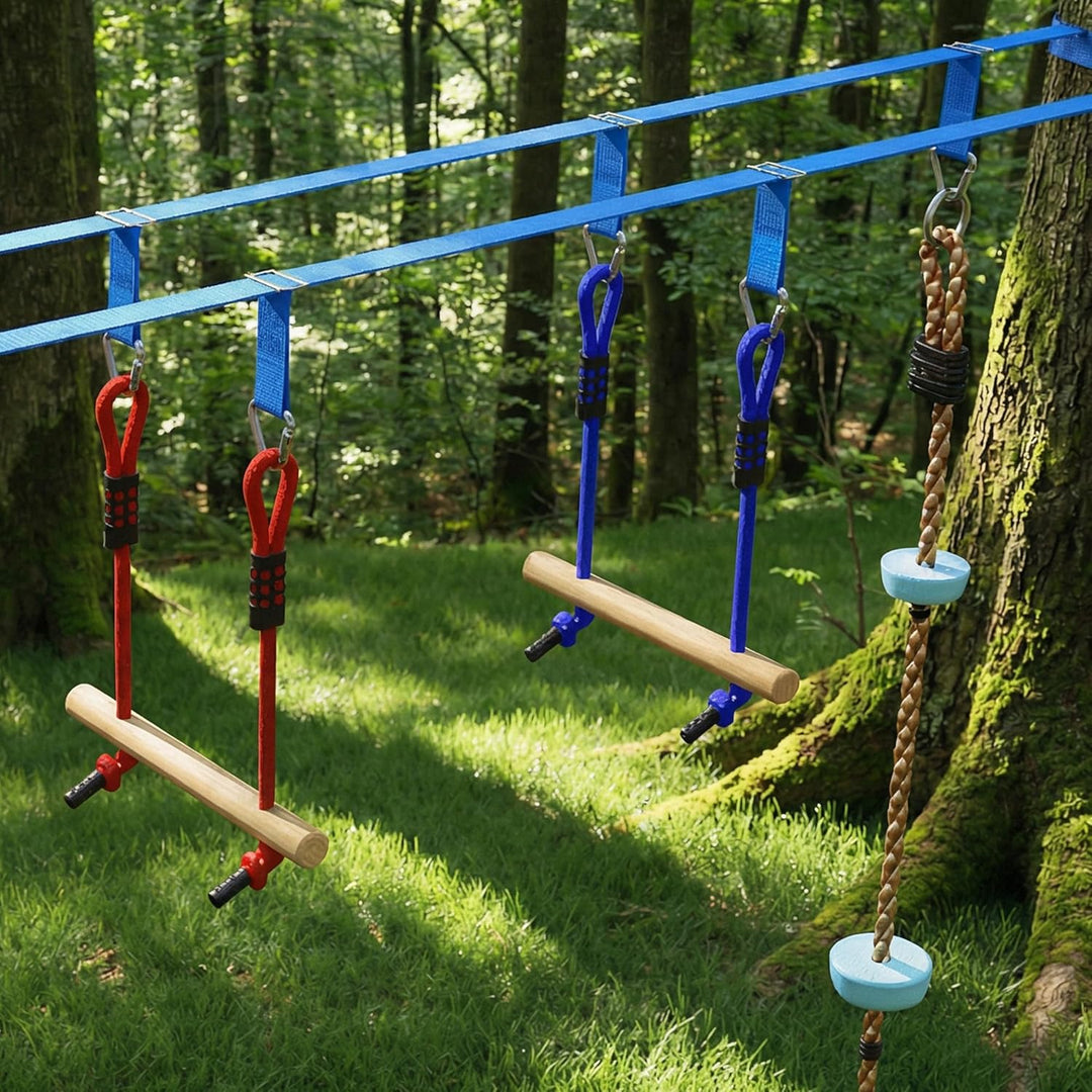 AIYAPLAY Ninja Line Kinder 24 m Slackline Set mit Turnringe 7 Hindernissen Kletterstange Ninja Warri