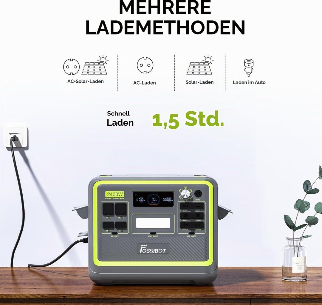 FOSSiBOT F2400 Tragbare Powerstation mit 2048Wh LiFePO4, 3X AC Ausgängen 2400W (4800W Peak) Solargen