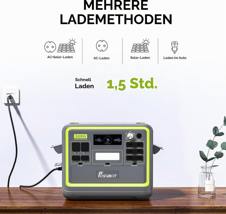 FOSSiBOT F2400 Tragbare Powerstation mit 2048Wh LiFePO4, 3X AC Ausgängen 2400W (4800W Peak) Solargen