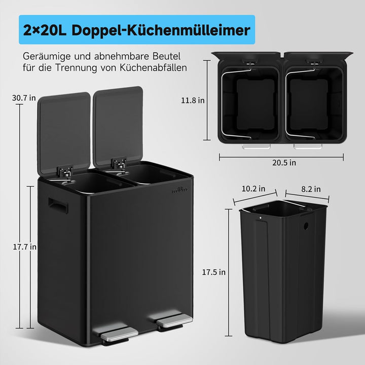 mVm Mülleimer Küche,40 Liter Treteimer,2 x 20 Liter Treteimer, 2 Fächer, Mülltrennsystem, Abfalleime