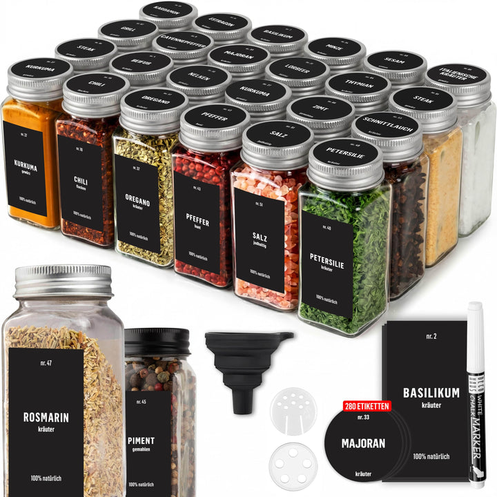 Deco haus Gewürzgläser mit Schraubkappe - 24er Set 120ml - Verschiedene Streuer-Aufsätze, Trichter,