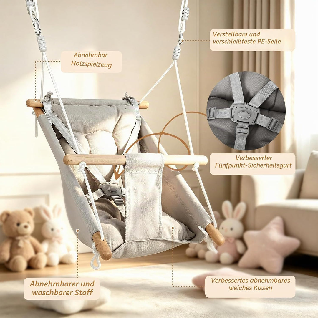 Babyschaukel 3 in 1, Holz-Hängeschaukelsitz mit Sicherheitsgurt und Baumwollkissen, Einstellbar Baby