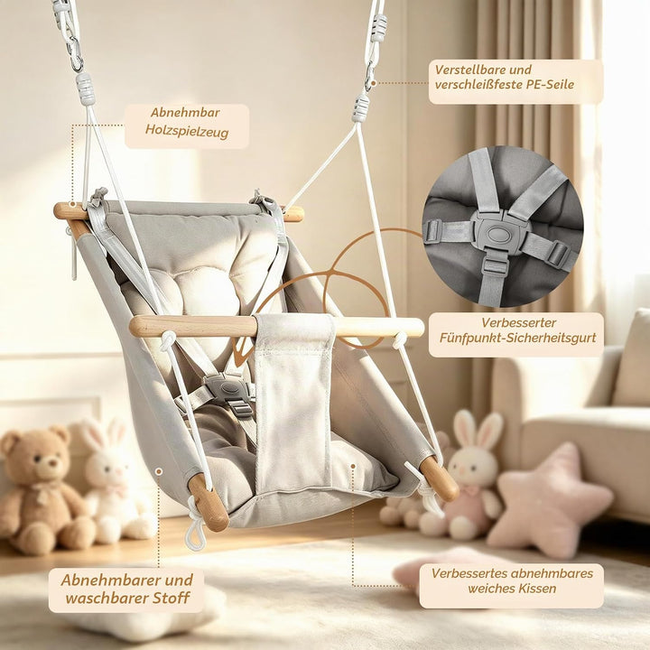 Babyschaukel 3 in 1, Holz-Hängeschaukelsitz mit Sicherheitsgurt und Baumwollkissen, Einstellbar Baby