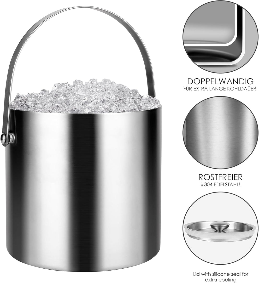 Edelstahl Eisbehälter 3L mit luftdichtem Deckel,Sieb und Eiszange,Eiswürfelbehälter doppelwandiger,