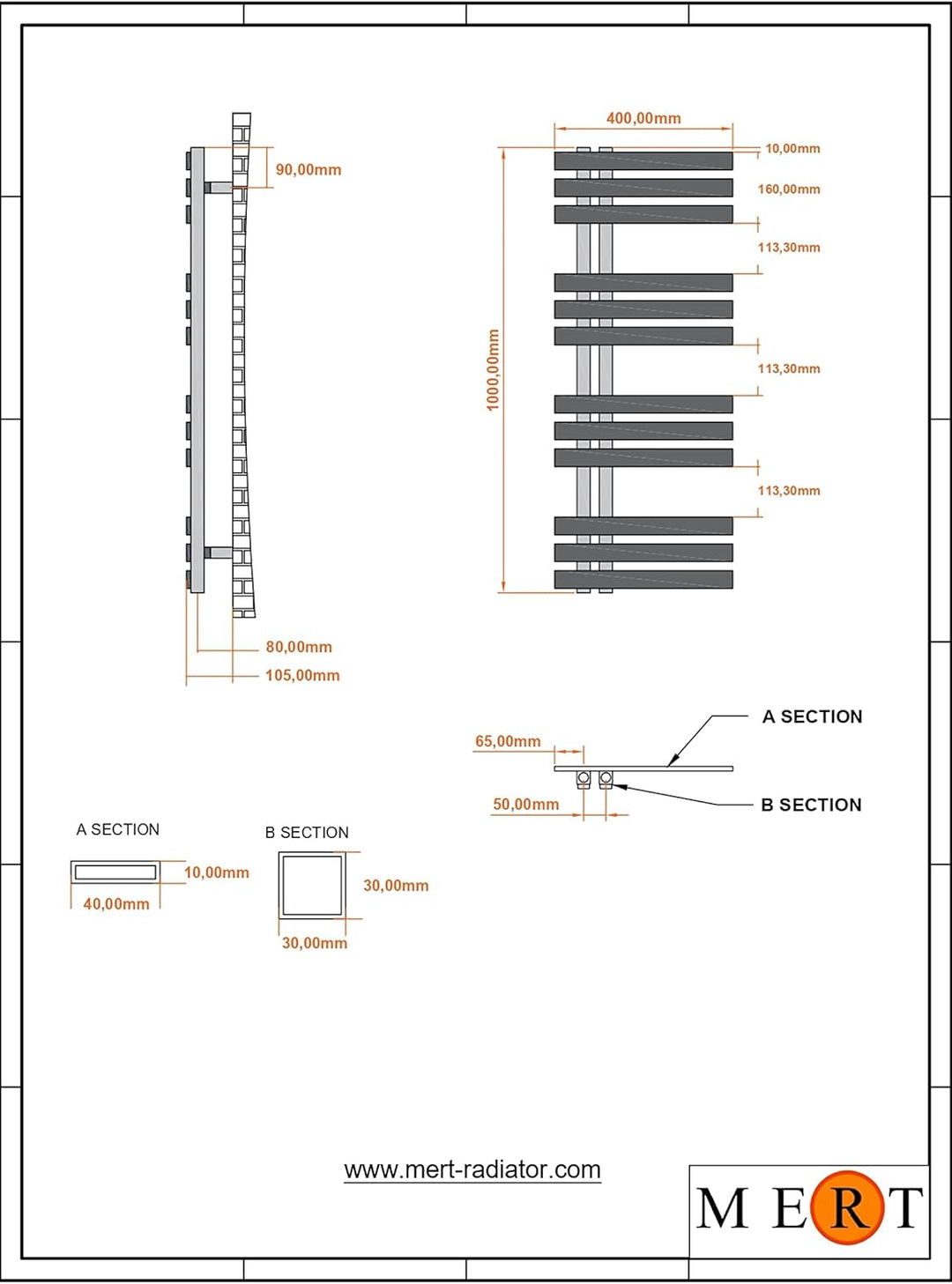 MERT ELEN Design Badheizkörper Handtuchtrockner mit Mittelanschluss für elektrischen oder Mischbetri