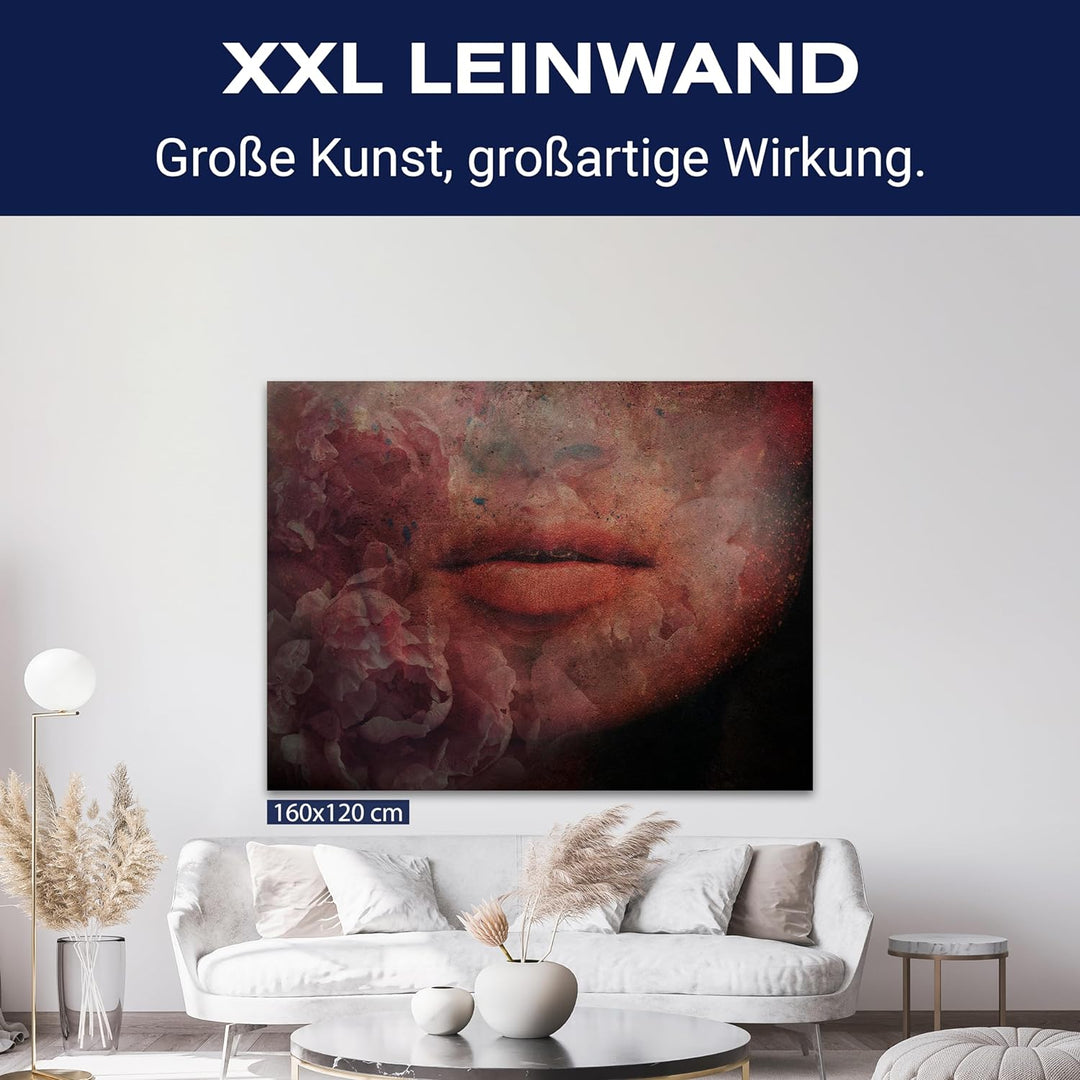 wandmotiv24 Lippen Motiv als Leinwandbild, 60x45cm, Querformat, Frauen Lippen, Blumen, Beton, Effekt