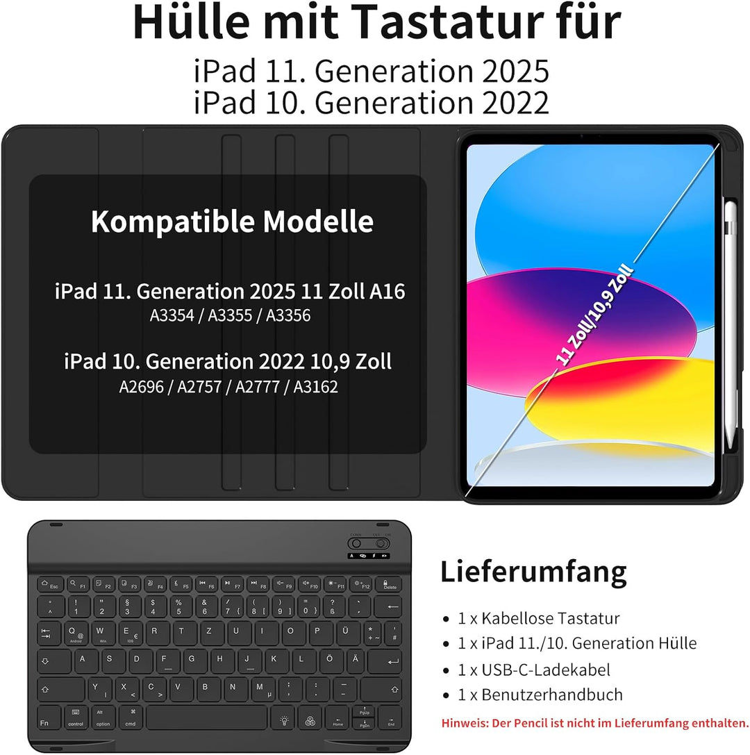 Tastatur mit Hülle für iPad 11./10. Generation 2025 2022, Schwarz, Schwarz