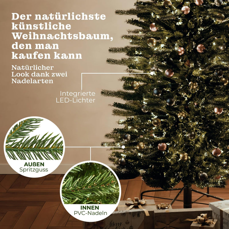 BoomDing Schmaler Weihnachtsbaum mit Beleuchtung | 210 cm hoch und 380 LED | Naturgetreuer künstlich