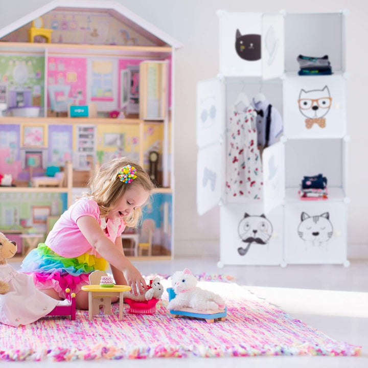 Relaxdays Steckregal Kinderzimmer, Katzen Motiv, 7 Fächer, Kleiderstange, Kleiderschrank HxBxT: 145