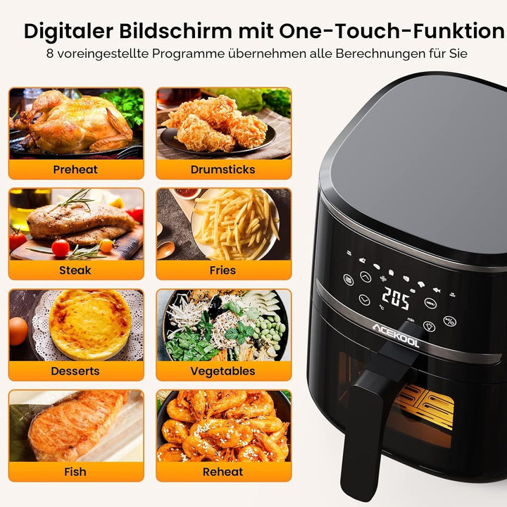Acekool Heissluftfritteuse 4,5L XXL Friteuse Heissluft Fritteusen Air Fryer mit Silicon Liner, 45dB