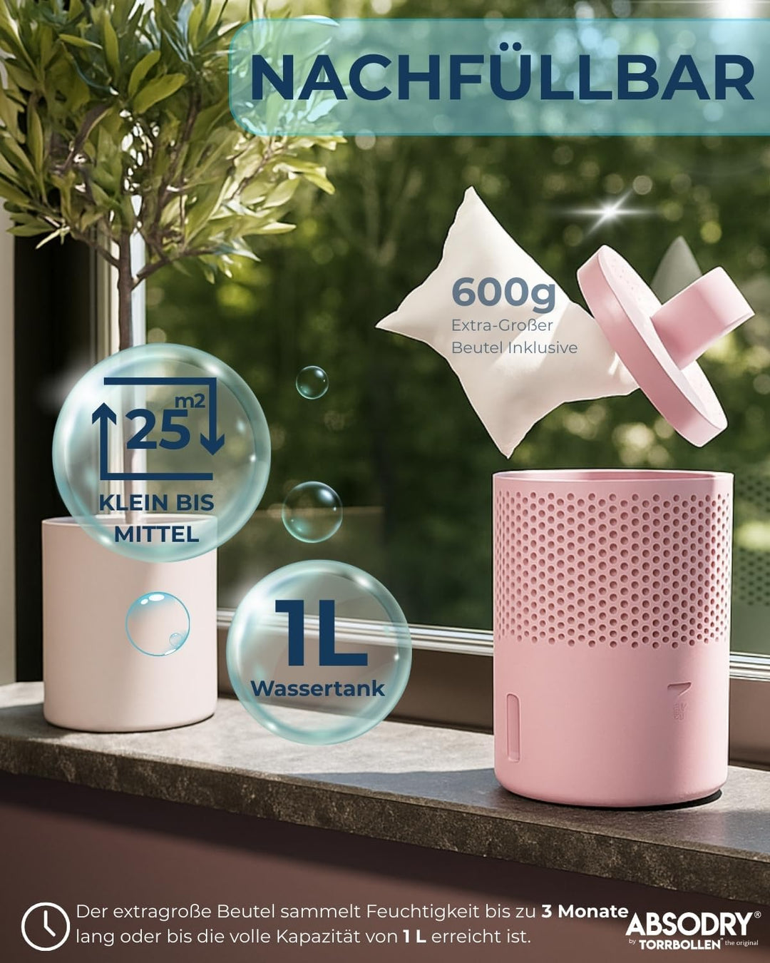 Absodry Duo Family Luftentfeuchter für 25m2 Entfeuchter 600 g Granulat-Beutel, 1000 ml leise ohne St