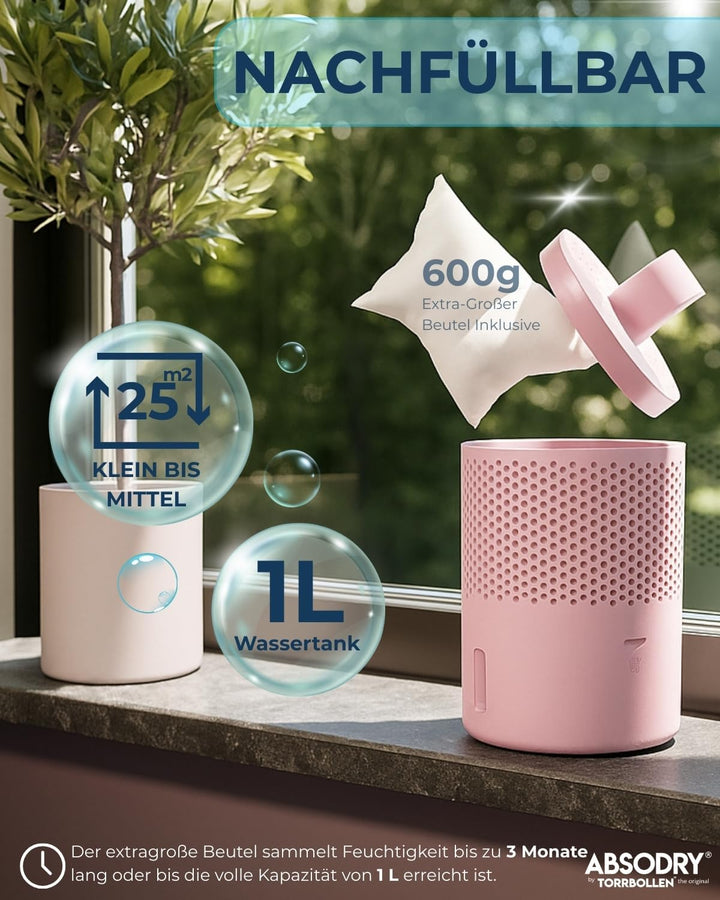 Absodry Duo Family Luftentfeuchter für 25m2 Entfeuchter 600 g Granulat-Beutel, 1000 ml leise ohne St