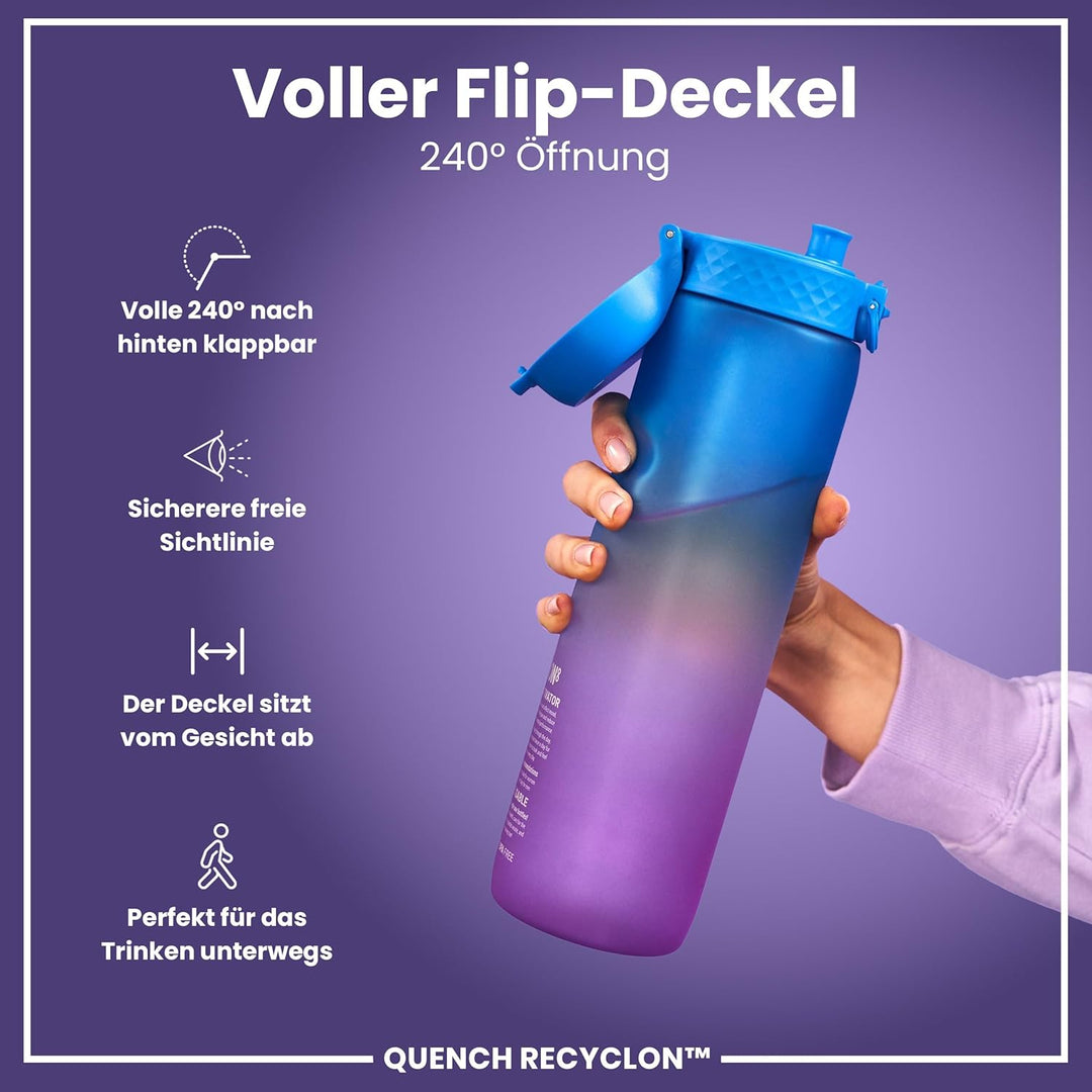 ion8 1 Liter Trinkflasche mit Zeitmarkierungen, Auslaufsicher, Einhandöffnung, Sichere Verriegelung,