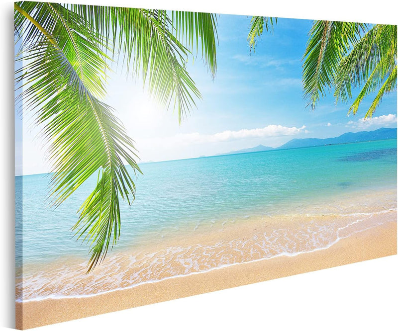 Bild auf Leinwand Palmen Und Tropischen Strand Wandbild Poster Kunstdruck Bilder Format: 100x57cm, F