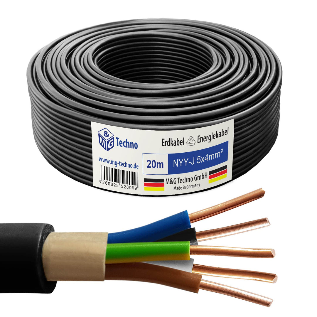 M&G Techno 20m NYY-J 5x4 mm² Erdkabel Elektrokabel Beton und Freien Kupfer Made in Germany, 20m NYY-