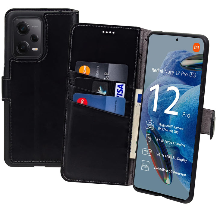 Suncase Book-Style Hülle kompatibel mit Xiaomi Redmi Note 12 Pro 5G Leder Tasche (Slim-Fit) Lederhül