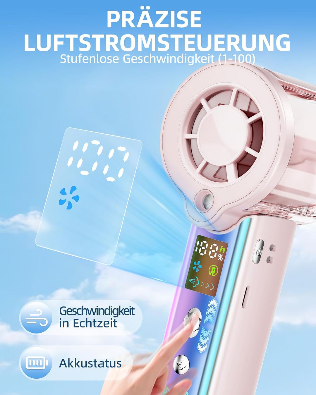 Carehabi Handventilator mit Wasserkühlung, 30000 U/min Mini Ventilator Akku 3000mAh, 1-100 Stufen Tr