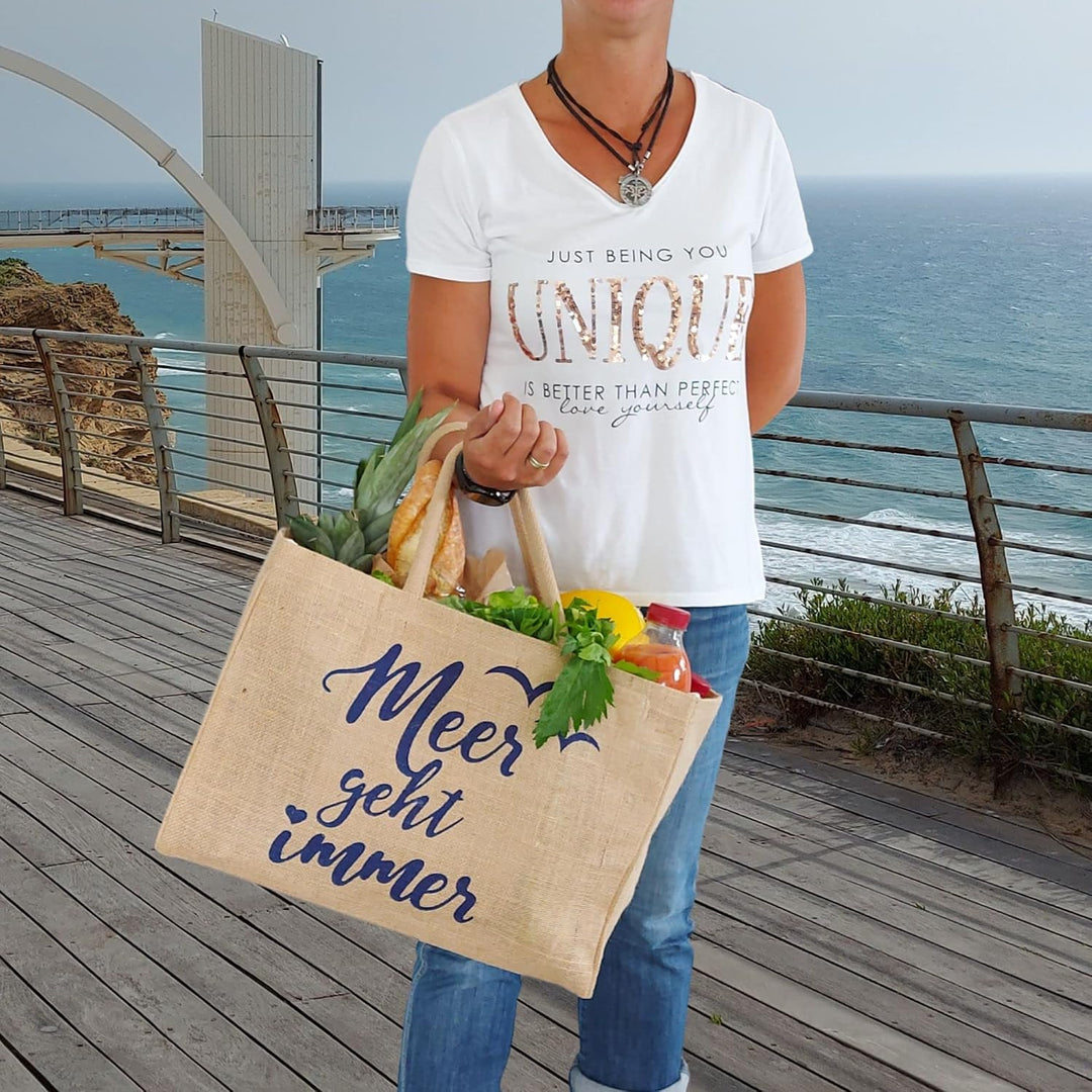 Domelo Jutetasche vegane Einkaufstasche gross Einkaufskörbe bedruckt beige | Leichte Tragetasche 24L