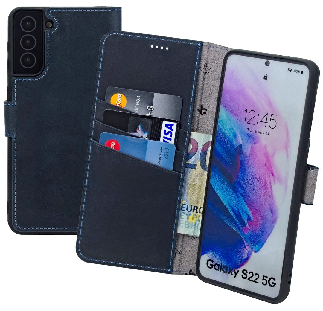 Suncase Book-Style Hülle kompatibel mit Samsung Galaxy S22 5G Leder Tasche (Slim-Fit) Lederhülle Han