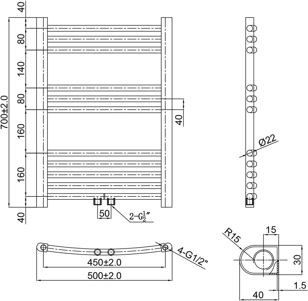 SONNI Badheizkörper Elektrisch mit Thermostat 700x500 mm Anthrazit Gebogen Handtuchtrockner Mittelan