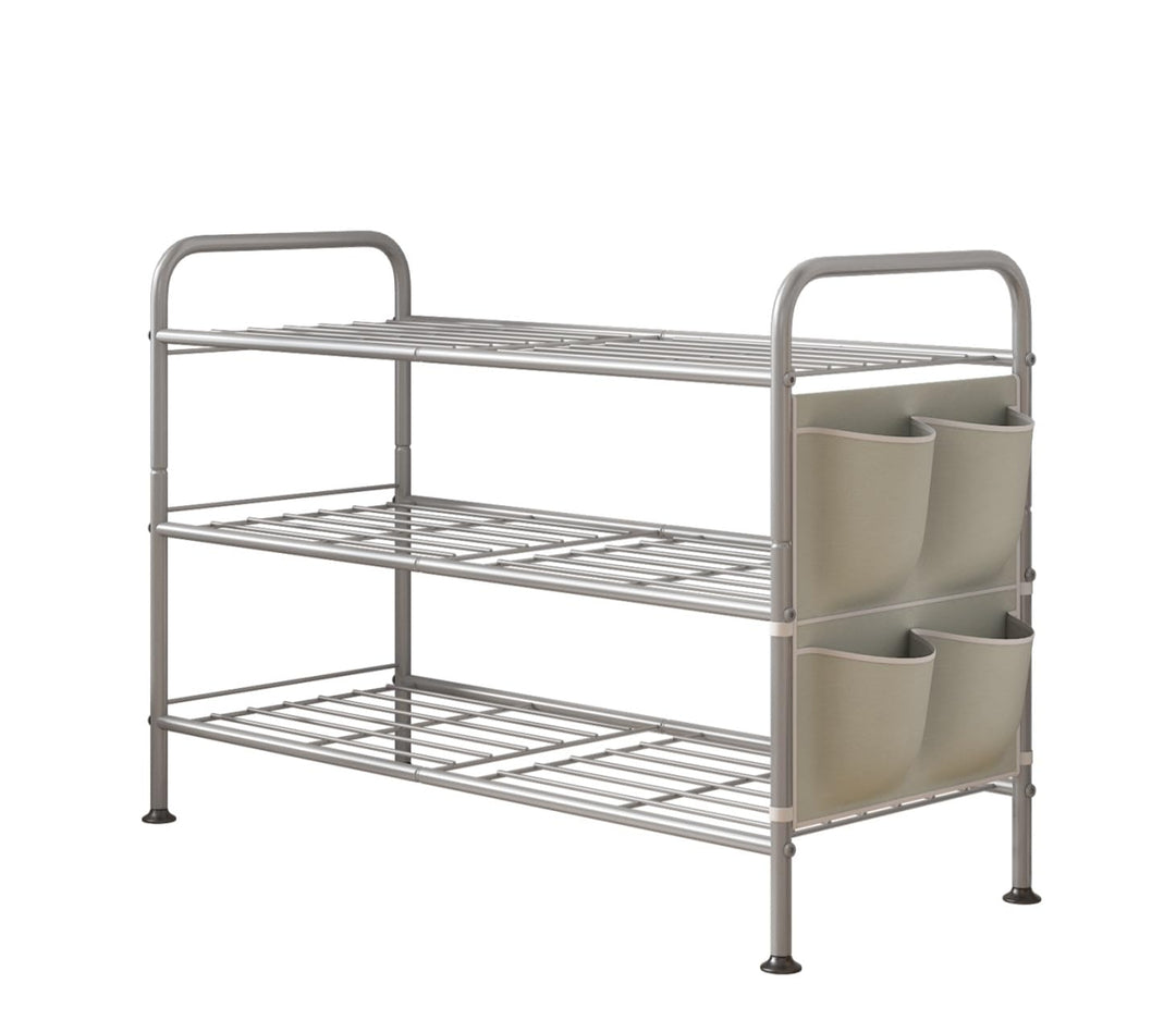Schuhregal 3 Ebenen Schuhaufbewahrung Organizer Metall mit Seitentaschen für Flur, Schlafzimmer (Gra
