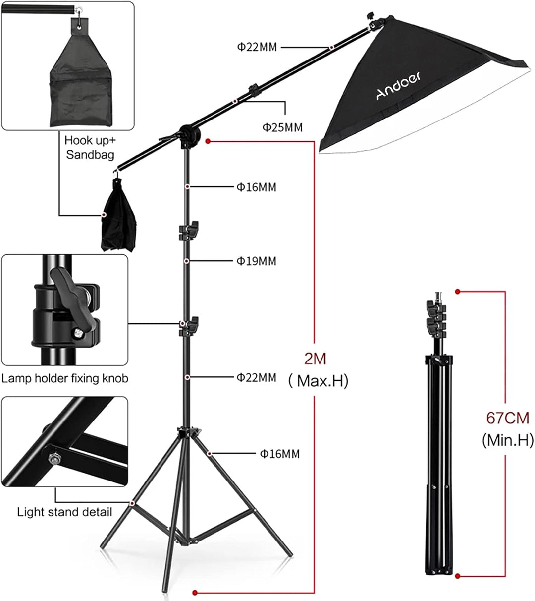 Andoer Softbox-Beleuchtungs-Set mit 3 Softboxen, 50 x 70 cm, 3 LEDs, 135 W, 3 Lichthalterungen, 2 m,