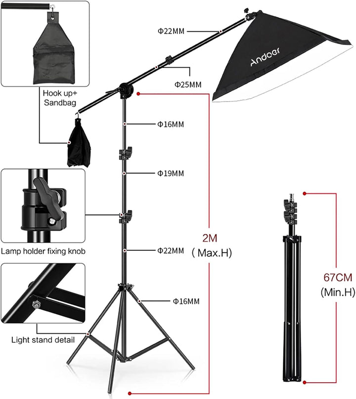 Andoer Softbox-Beleuchtungs-Set mit 3 Softboxen, 50 x 70 cm, 3 LEDs, 135 W, 3 Lichthalterungen, 2 m,
